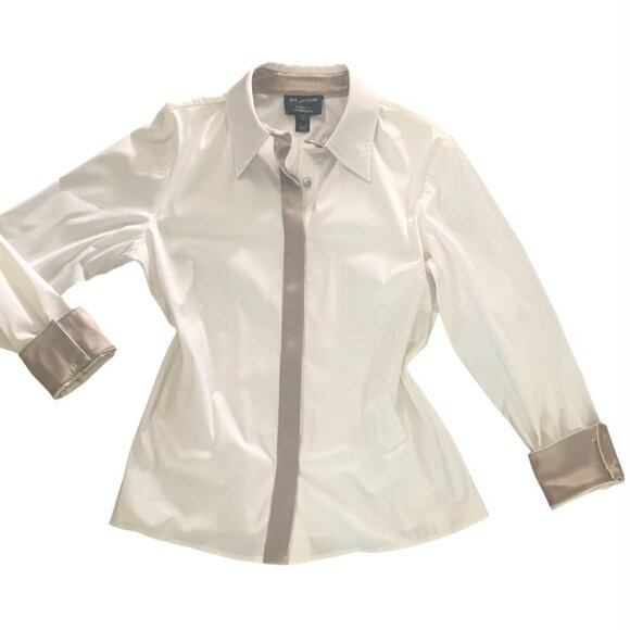 ST. JOHN Cotton Blend Satin Trim Button Down Top Sz 10 #139C - Picture 2 of 14
